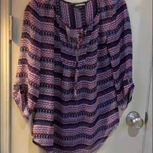 Express Women's S Multicolor Patterned Boho Blouse w/ Button Up Sleeves